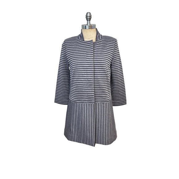 Cabi #5474 Dappled Striped Collarless Car Coat Navy Grey Small - Picture 3 of 6